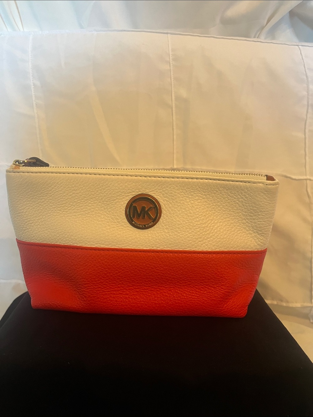 Michael Kors White and Orange Leather Cosmetic Pouch